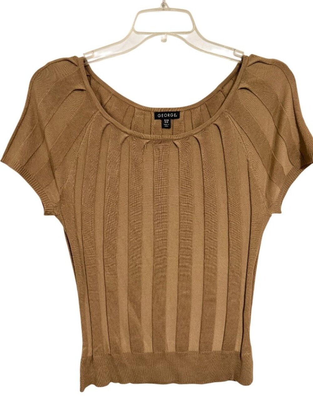 George Knit Top Tan Wide Pleat Ribbed Scoop Neck S/S Womans XL